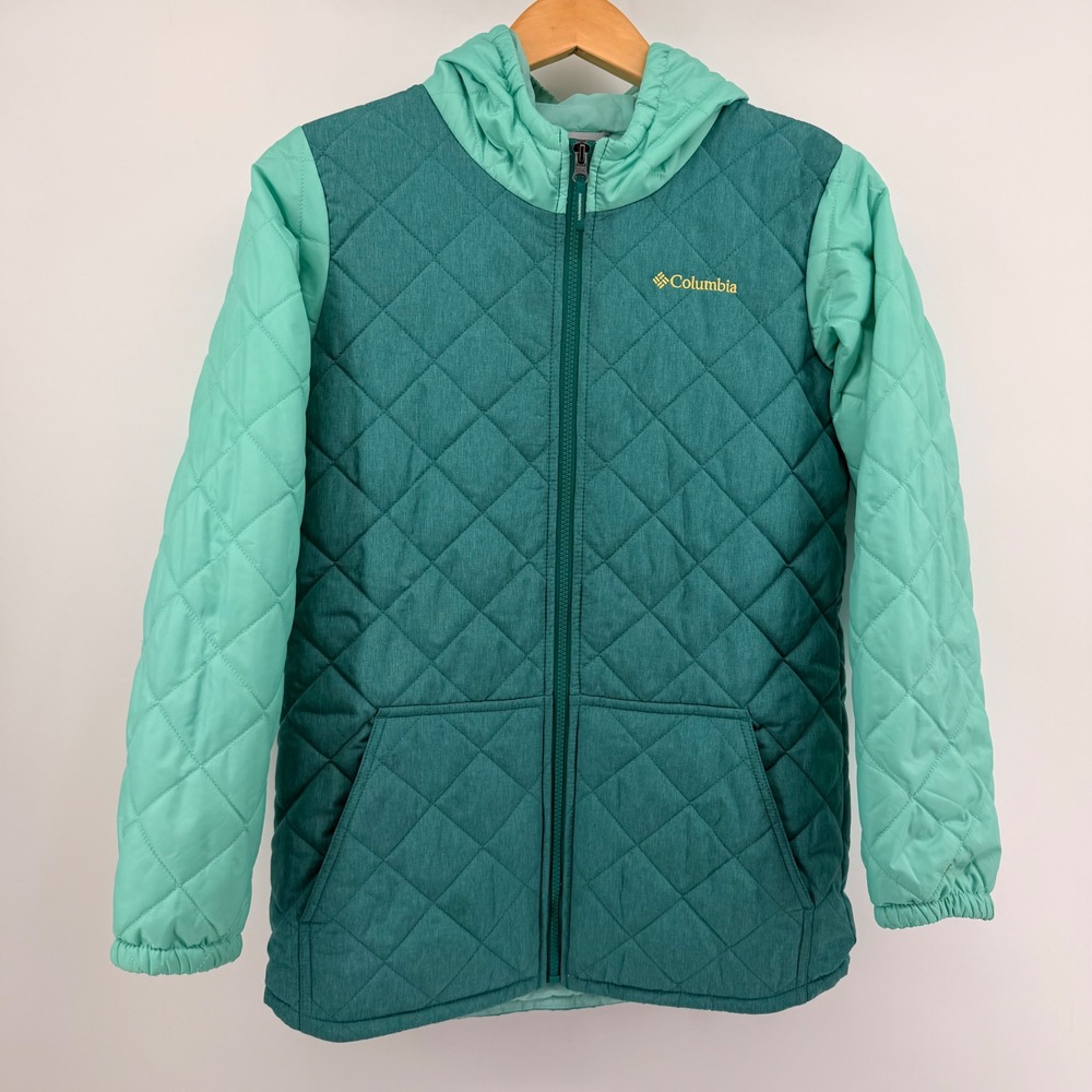 Columbia Jacket Kids L 14/16 Teal Quilted Hooded Full Zip WG1116 Puffer